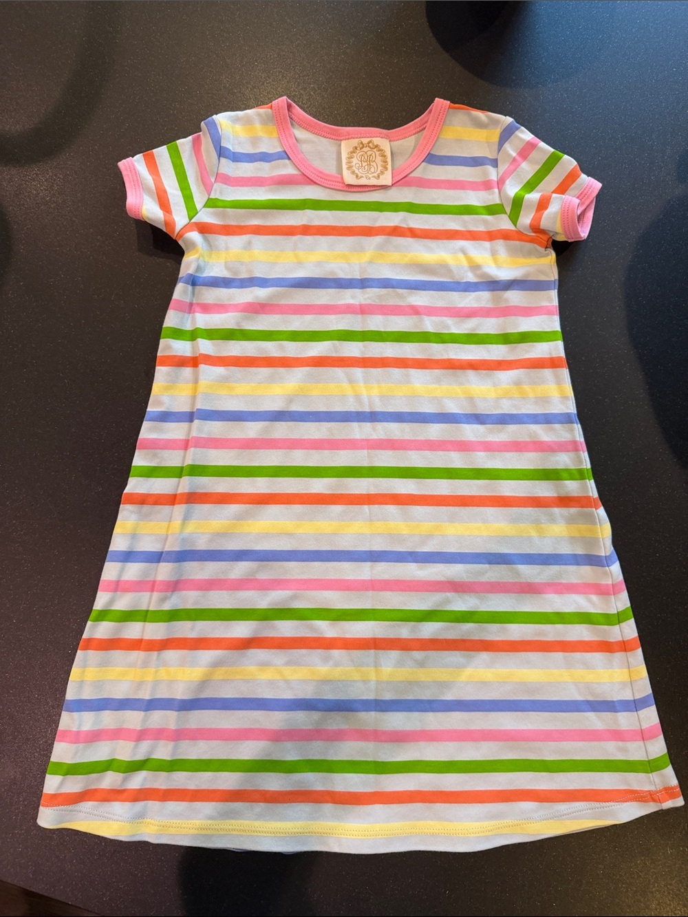 Kids Short-Sleeve Rainbow Stripe Dress- Pink Trim size 7